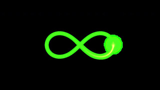 An electrifying neon green infinity arrow symbol in a dynamic and seamless 2D motion loop, gracefully flowing with vibrant energy on a transparent alpha background.
