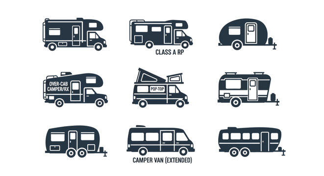 Recreational vehicle flat icons set, 9 camper van and motorhome silhouettes, travel trailer and caravan vector illustrations for camping maps