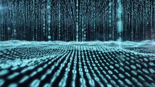 Digital binary code stream with flowing data particles and abstract network waves
