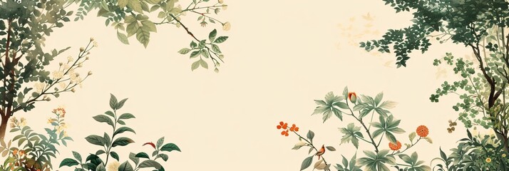 Naklejka premium Botanical illustration with greenery and flower branches forming a frame on a light background. Banner with copy space