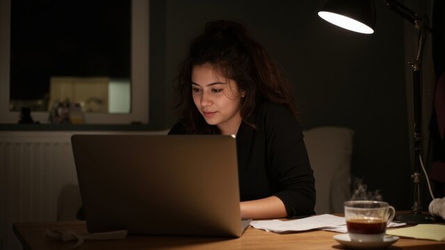 A woman working late into the evening at a home office desk with a laptop and papers.