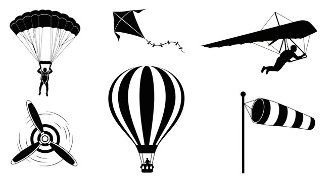 Air sports icons, adventure symbols, flight vector graphics, black and white illustrations