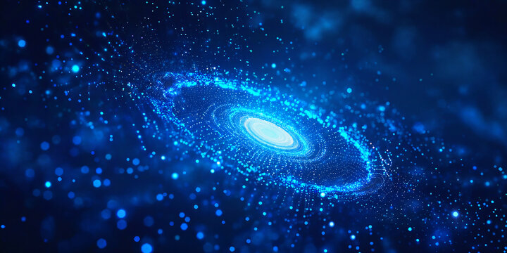 Digital Galaxy Made of Technology Particles on Dark Blue Background
