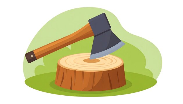 Cartoon axe embedded in tree stump