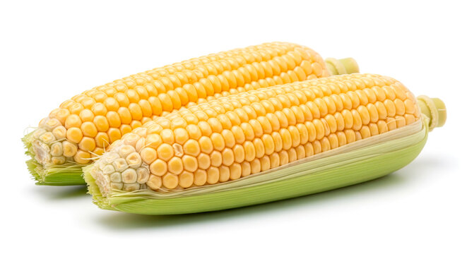 corn on the cob. two fresh ripe corn on the cob with gree husks on white background.