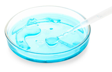 Biochemistry. Dripping liquid onto Petri dish with samples isolated on white © New Africa
