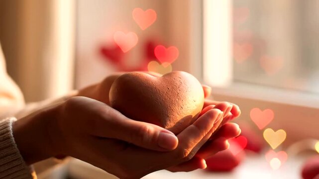 Hands gently cradling a rustic clay heart shape with warm glowing bokeh hearts.
