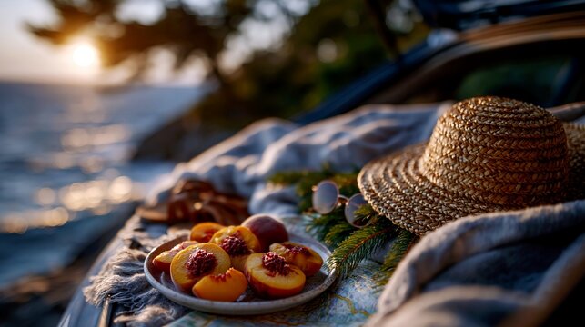 Coastal vacation start with open car trunk and travel essentials at sunset