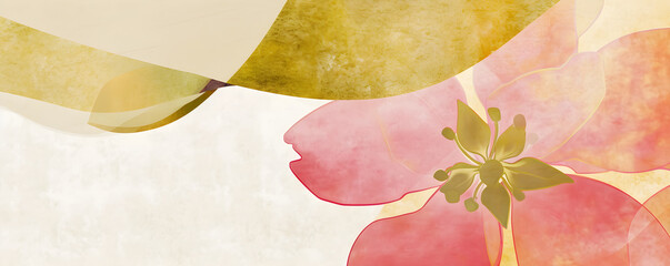 Naklejka premium Japanese flower illustration with soft petal layers on textured paper background. Minimalist floral art with copy space for creative design. Banner with copy space
