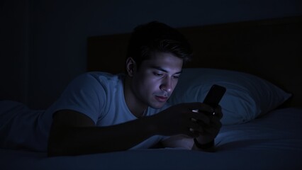 Fototapeta premium A person on a smartphone, lying on bed at night