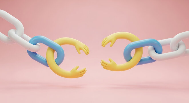 illustration of chain links with reaching hands symbolising broken connection, support, partnership and the need for help and reconnection