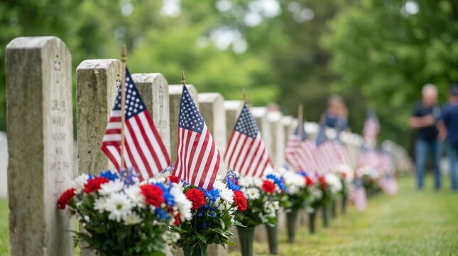 American flags and floral arrangements placed at gravestones in a cemetery during Memorial Day observance, with visitors in the background honoring fallen soldiers