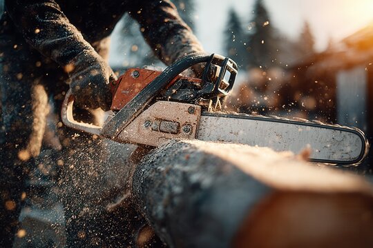 Sawmill worker chainsaws tree