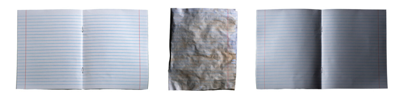 3-in-1 collage lined notebook paper sheets with folds, wrinkles and staple marks isolated on white background. Concept of education, stationery, mockup, writing, design and commercial use.