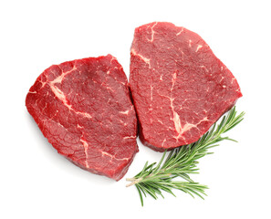 Obraz premium Raw beef steaks and rosemary isolated on white, top view