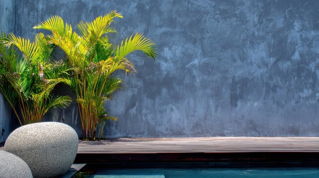 壁の近くに植物や石があるモダンなプールエリア