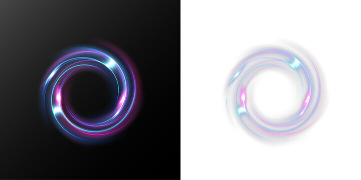 Glowing light ring vortex, abstract circular energy swirl, futuristic luminous loop effect isolated on black and transparent background