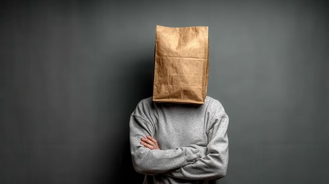Person with paper bag head mockup