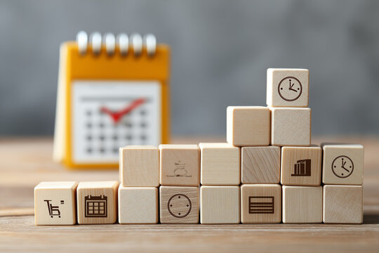 Time management concept with wooden blocks icons, calendar planning, productivity control, task prioritization, workflow organization, deadline management, and efficient business time optimization