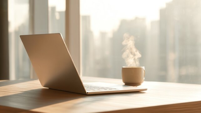 Morning remote work on oak desk