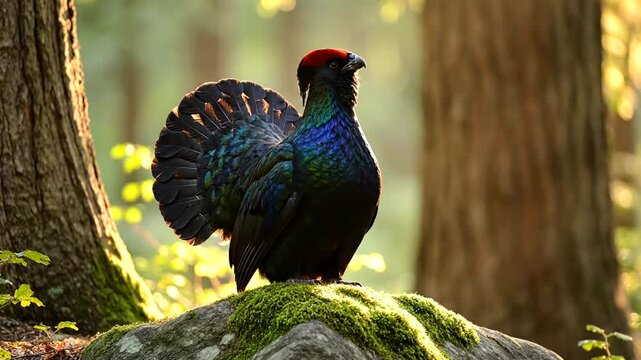 Stunning male Western Capercaillie displaying in a lush forest.