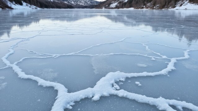 A picturesque winter scene with a frozen lake reflecting the surrounding snowy mountains at sunrise.