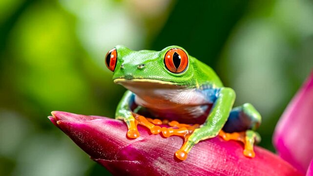 Vibrant Red Eyed Tree Frog Resting on Tropical Flower Petal in Rainforest.