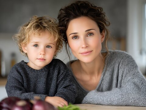 Portrait of a beautiful loving mother and her cute little curly son sitting together at home, looking at camera