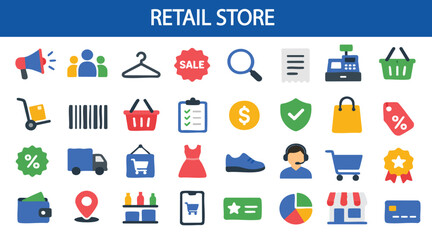 Naklejka premium Retail store flat icon set shopping commerce sales supermarket cashier customer payment symbols