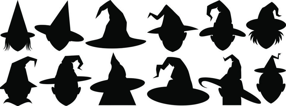 Collection of black silhouette witch hats with varied and angles halloween