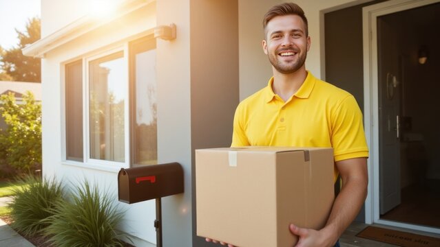 A young man carrying moving boxes outside a house, likely for delivery or postal service.