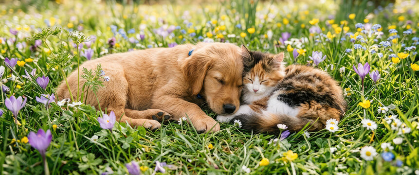 Playful puppy and kitten sleeping  together in spring meadow of colorful wildflowers. Love for pets concept.	