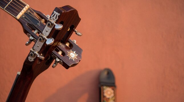 Acoustic guitar headstock detail on an orange wall for festive music