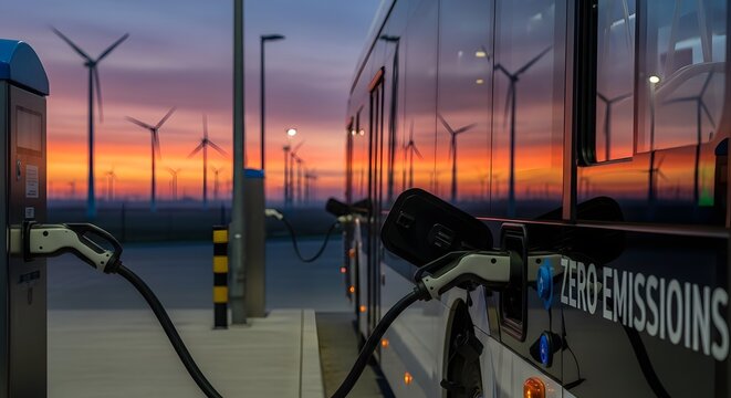 Electric bus charging at a station with wind turbines at sunset, representing zero-emission public transport, renewable energy integration, and sustainable urban mobility for a green future.