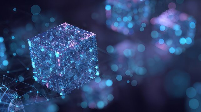 Data network or blockchain technology. Data transfer glowing cubes interconnected by lines to symbolize distributed data nodes. 