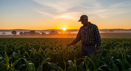 Fototapeta premium Dedicated farmer diligently inspects thriving corn crops at a serene sunrise, reflecting on agricultural stewardship and the calm beauty of the land