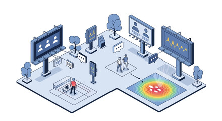 Fototapeta premium Isometric Smart City Environment with Digital Billboards and Data Analytics Heat Maps