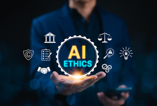 AI ethics concept. Person presenting responsible artificial intelligence with legal, compliance, privacy, audit, governance icons. trustworthy AI, risk control, accountability, ethical decision making