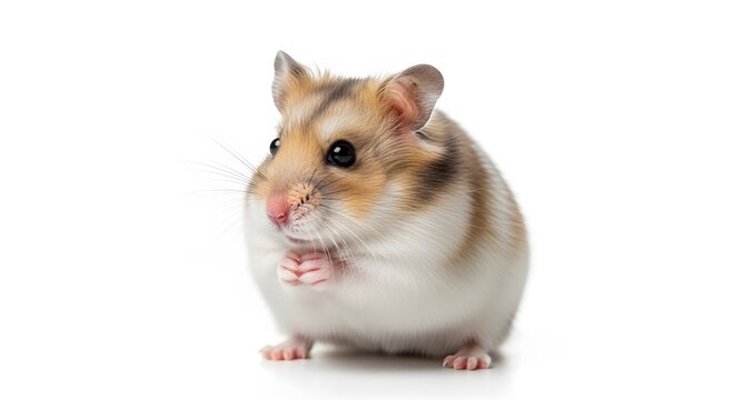 Cute little hamster sitting on a white background, close-up portrait of a fluffy tricolor pet rodent