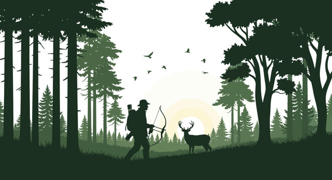 Hunter with bow and arrow stalks a majestic white tailed deer in forest