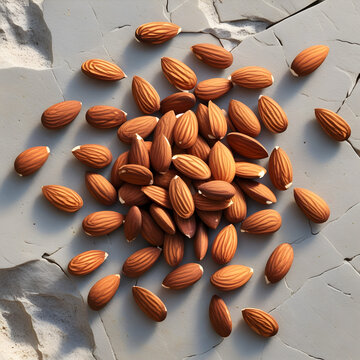 Raw almonds scattered on light stone background