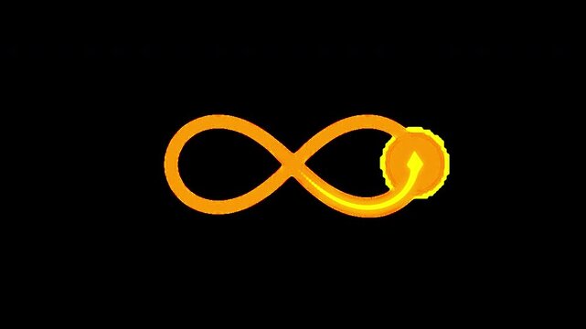 Dynamic glowing vibrant orange infinity arrow 2D motion graphic animation, looping seamlessly on an isolated transparent alpha channel.