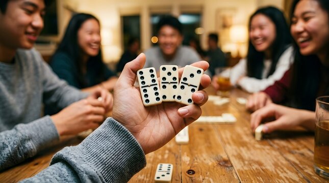 Close up of hand holding domino tiles during a fun game night with happy Asian friends at home.