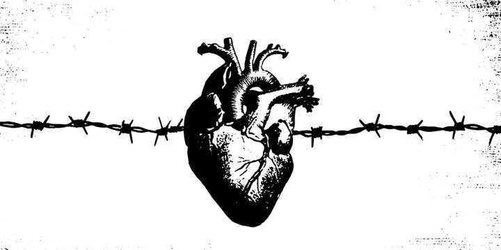 Anatomical heart wrapped with barbed wire high contrast black and white graphic for poster and tattoo design