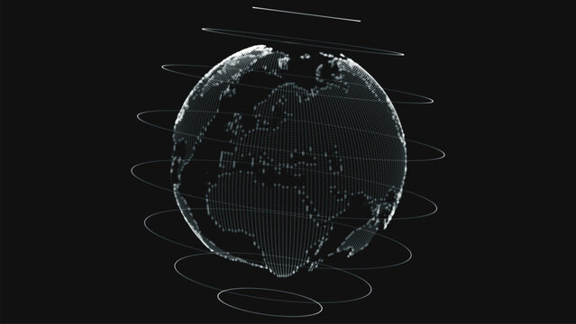 A digital model of the Earth created from glowing dots and lines. Energy orbits revolve around the planet, emphasizing global connections and the continuous exchange of information.