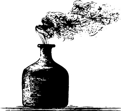 Alchemy bottle with swirling smoke in high contrast black and white ink for mystical background and poster design