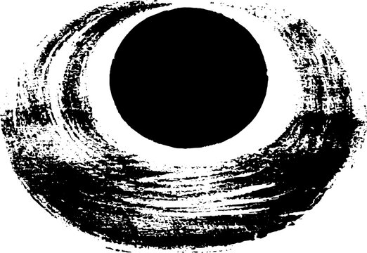 Black circle with textured ink brush ring in high contrast black and white for grunge background and poster design