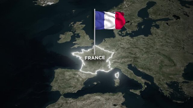 France Map Animation with 3D Waving Flag on World Map View