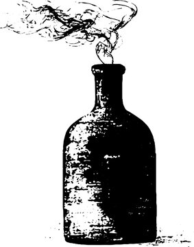 Tall ink bottle with swirling smoke high contrast black and white traced illustration for poster and background design