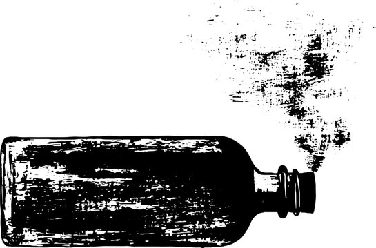Horizontal ink bottle with rising smoke high contrast black and white composition for background and poster design